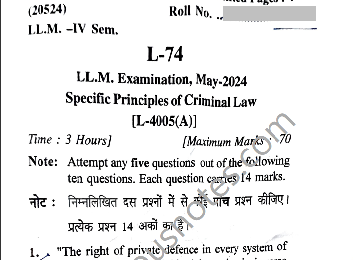 LLM Previous Year Paper | Specific Principles of Criminal Law