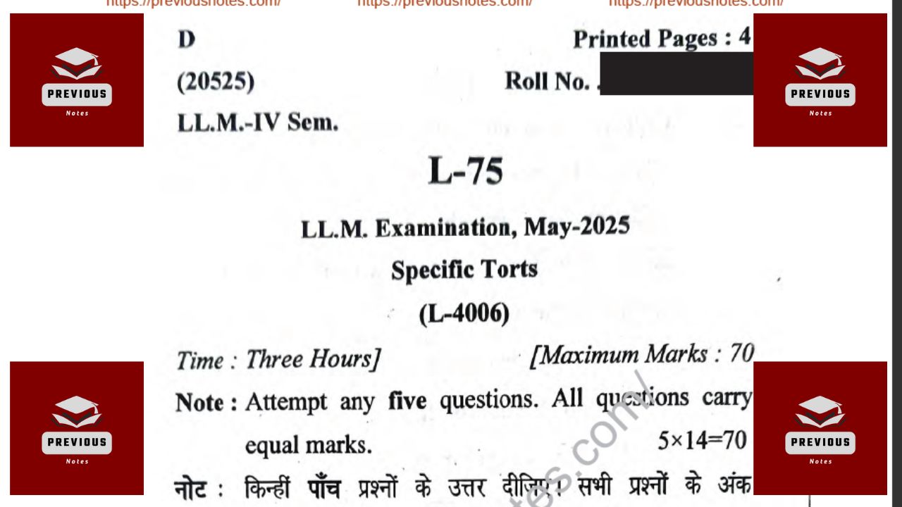 PREVIOUS YEAR PAPER-LLM 4th Sem Specific Tort 2025